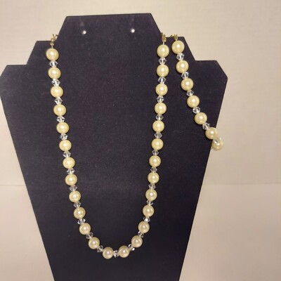 SAQ Clear Crystal Off White FAUX Pearl Beaded Necklace + Bracelet Signed Estate