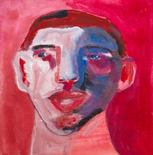 Original Quirky Man Portrait Painting 8x8 Expressive Red Pink Naive Outsider Art