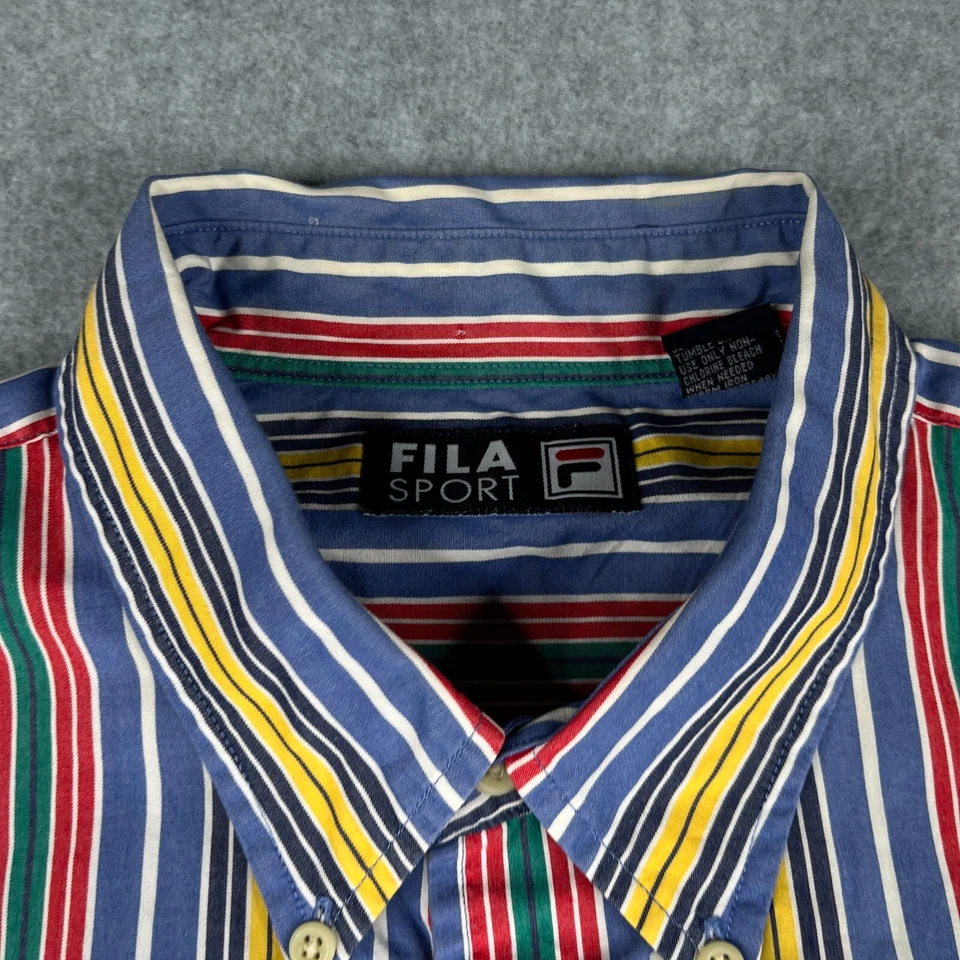 Camisa deportiva vintage Fila XL colorida a rayas con botones manga corta informal para hombre Foto 3 de 4