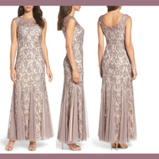 NWT $359 Adrianna Papell Beaded Lace Gown in Stone Nude [SZ 6] #N878