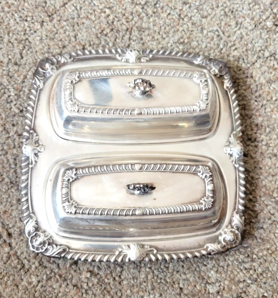 Crosby Silverplate Hollowware Covered Double Butter Dish Glass Liners No Glass