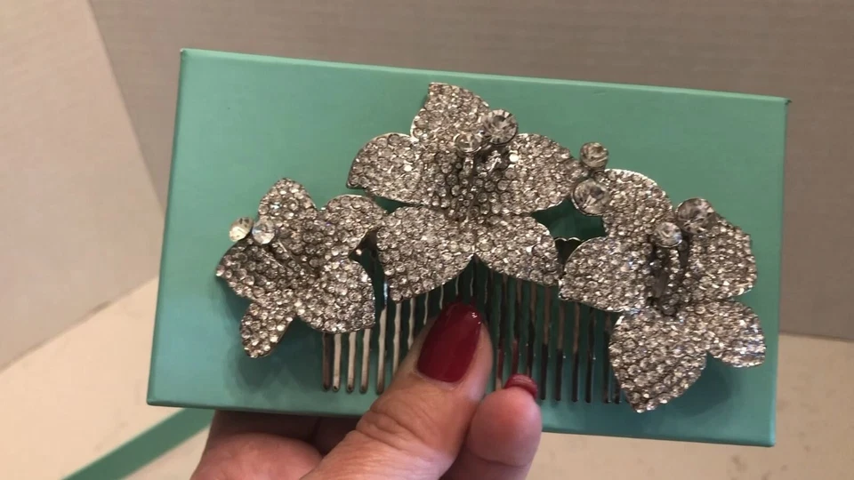 Bridal Hair Comb Floral Silver Austrian Crystal Prom Jewelry Accessory See Video - Image 2 of 4
