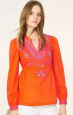 Tory Burch 10 Claudia Orange Pink Embroidered Embellished Tunic Blouse BIn-U