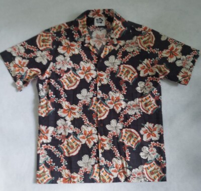 Mens Vintage Hilo Hattie hawaiian short sleeve shirt L gray floral