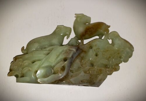 Antique Central China Early Republic HETIAN JADE Carving of Gorals on Mountain