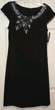 FOREVER 21 SHEATH DRESS CAP SLEEVES SZ S BLACK EMBELLISHED NECK SEQUINS BEADS