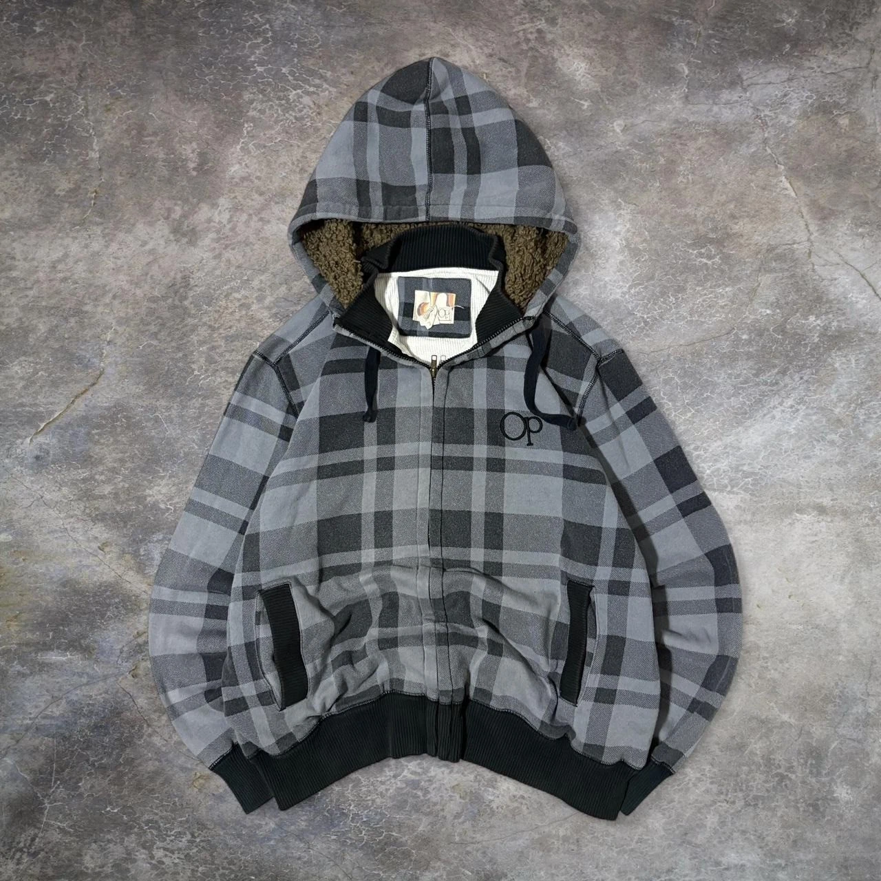 Y2K 2000s Ocean Pacific OP Plaid Thermal Lined Fur Hood Skater Zip Up Hoodie 2XL