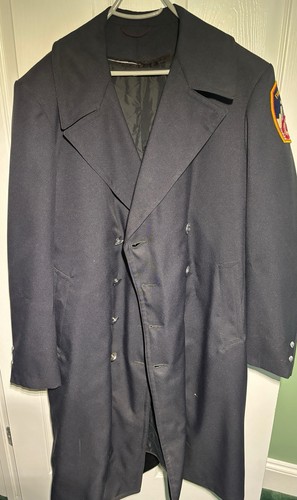 RARE 80s VINTAGE MERSON FDNY NAVY WOOL DRESS OVERCOAT TWIN TOWERS PATCH BUTTONS