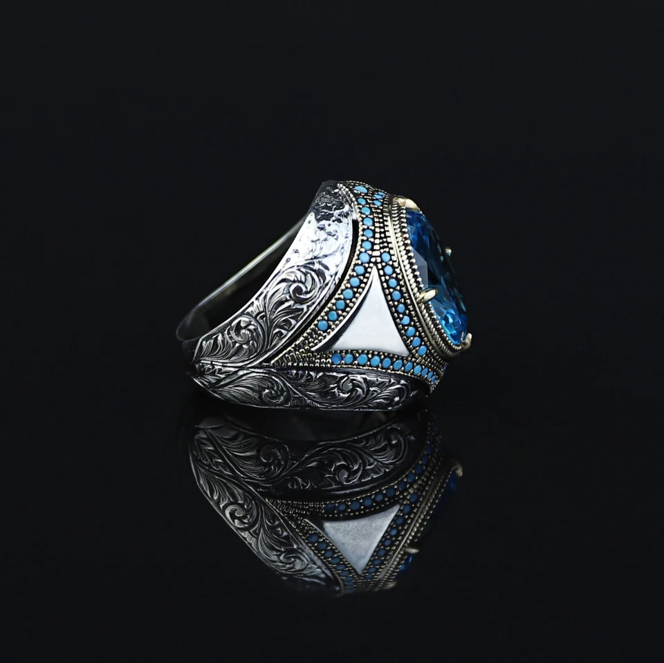 Anillo otomano de plata 925 con piedras preciosas azules aguamarina Foto 4 de 4