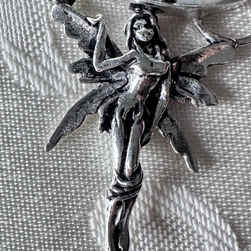 Elegant Rainbow Moonstone Pendant Large Oval Stone Silver Tone Angel Fairy Motif - Picture 2 of 9
