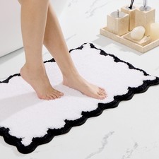 White Black Scalloped Bath Mat 17x24 Inch Plush Microfiber Non Slip Washable