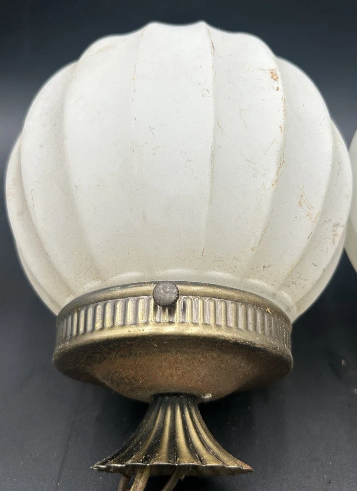 (2) 60s/70s WHITE RIBBED MILK GLASS GLOBE CHANDELIER Hollywood Regency swag lamp - Image 2 of 4