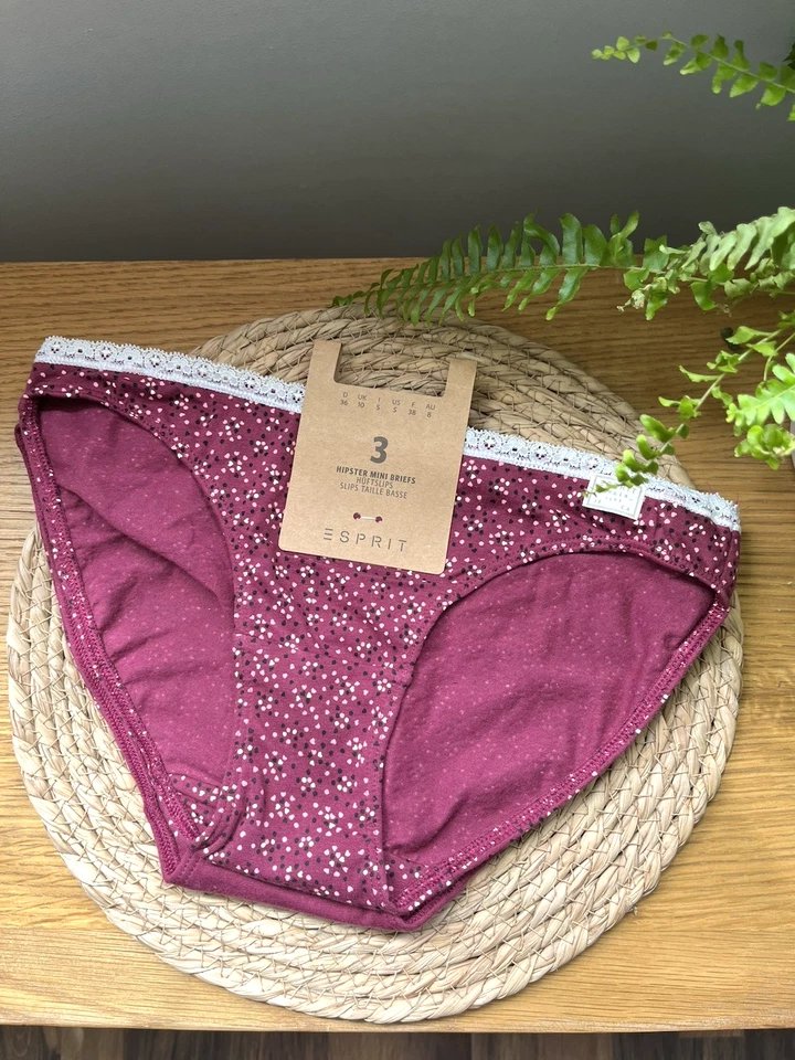 3 Pack Knickers by Esprit Burgundy Cotton Size 10 12 14 16 18 NEW FREEPOST - Image 1 of 4