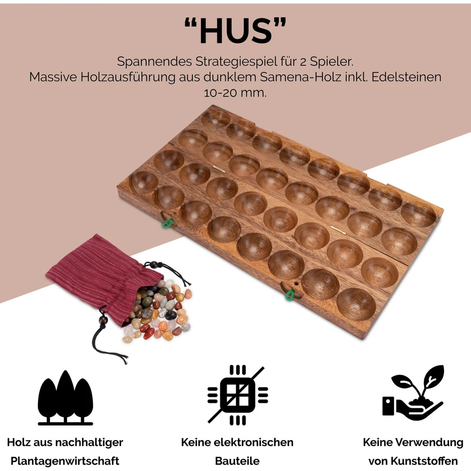 Hus Spiel – für 2 Spieler – Bao – Kalaha – mit Edelsteinen und Stoffbeutel - Bild 3 von 4