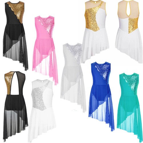 UK Girl Sleeveless Shiny Sequins Lyrical Ballet Dance Dress Mesh Patchwork Dress - Picture 3 of 65