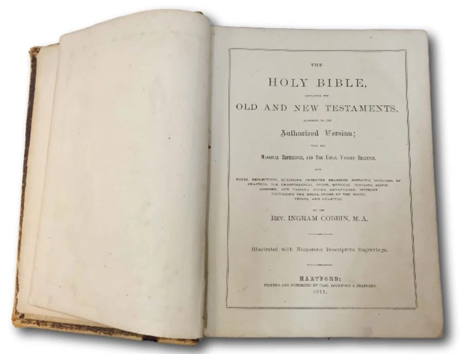 1871 Antique Family Bible Albert Ellis Family Records Death 14 Tin Plate Photos - Image 2 of 4