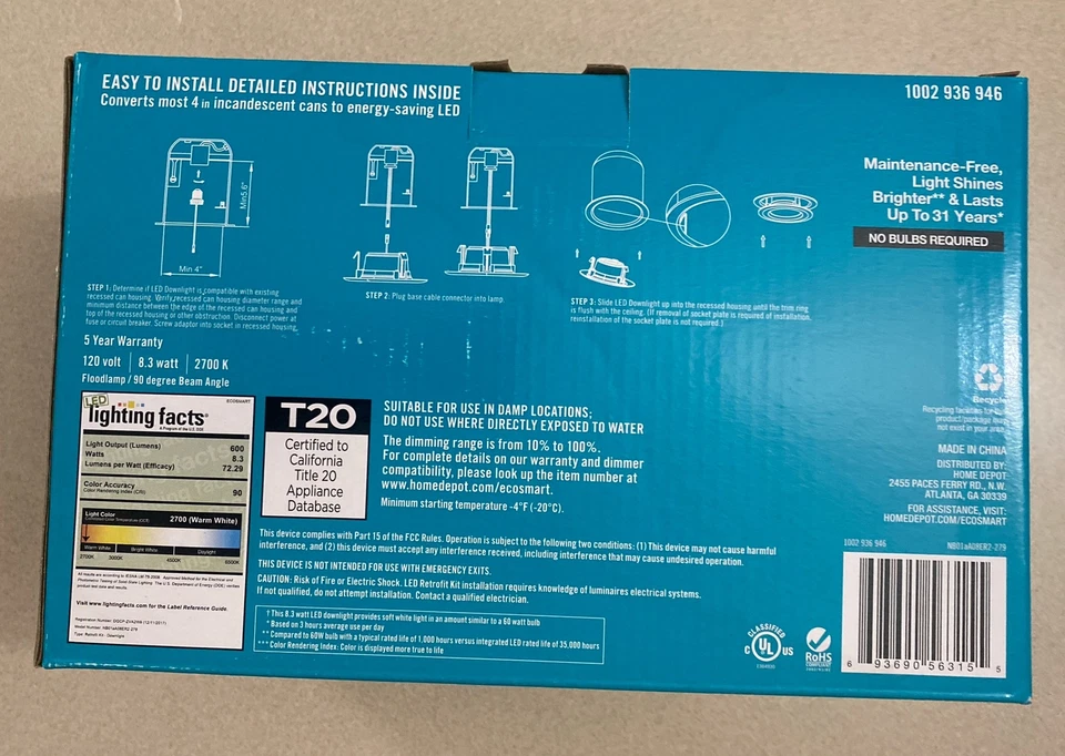 EcoSmart (60W replacement) 4" White LED Recessed Trim Daylight 4-pack - Image 3 of 4