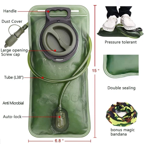 Green Military Hydration Bladder 2L for Camping Cycling Running Hiking BPA-Free - Picture 4 of 9