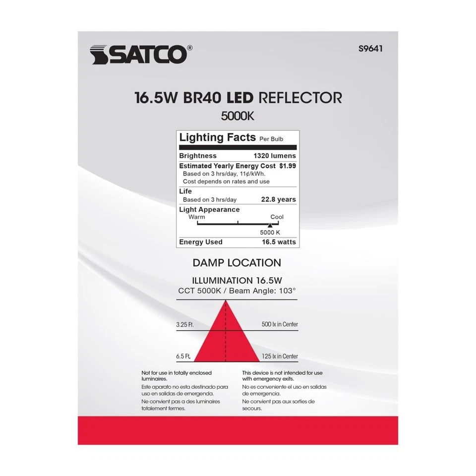 Satco S9641 - 16.5 Watt LED BR40 Dimmable Bulb - 5000K - 120 Volt (6 pack) - Image 3 of 4