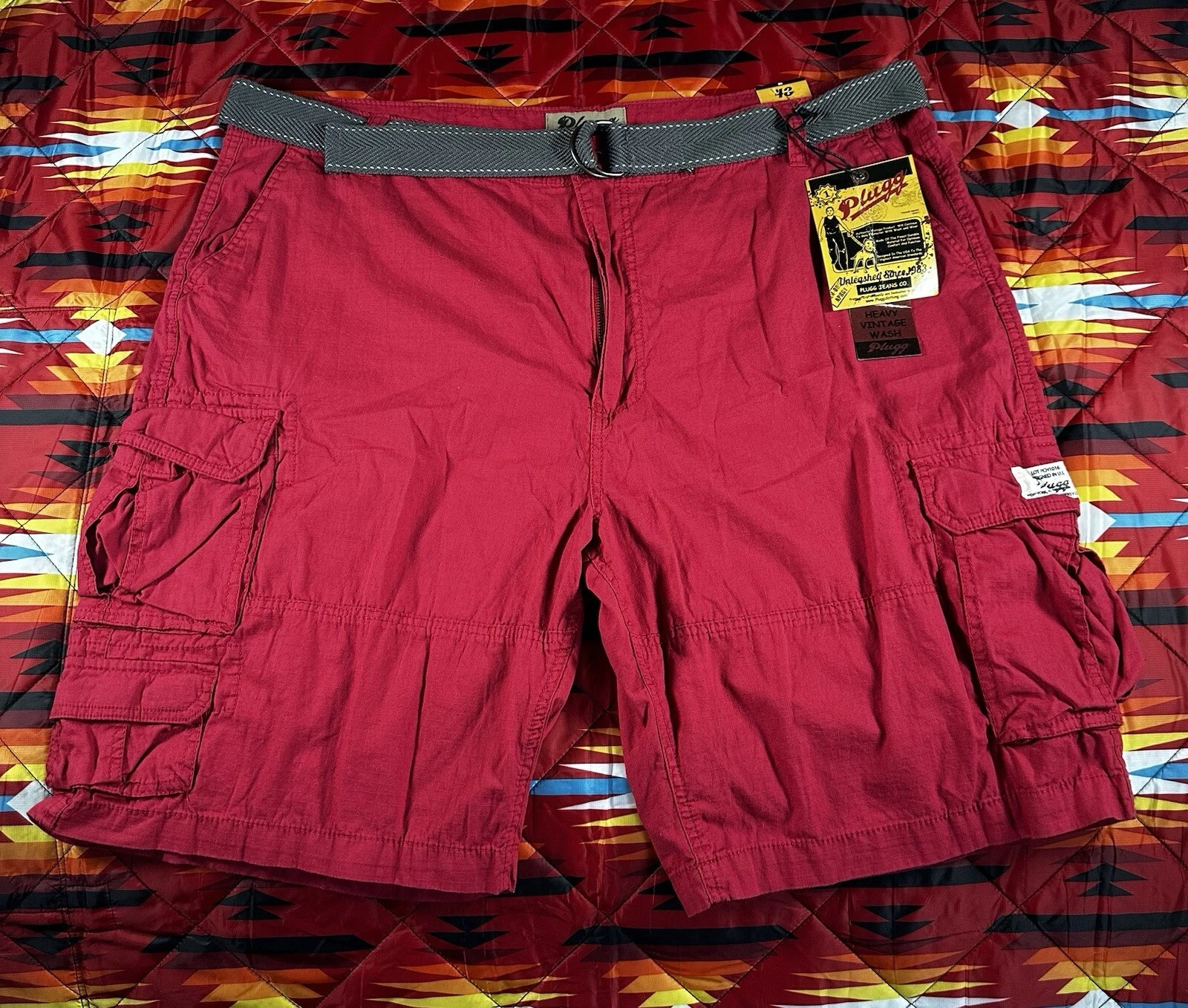 NWT Plugg Shorts Men's 48" Performance Cargos Belted Hiking Outdoor Pockets Red