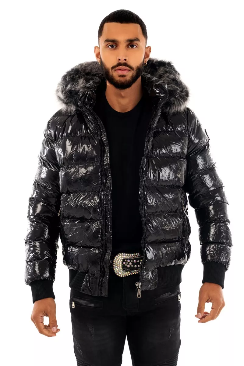 Shiny puffer jacket with fur hood mens sale
