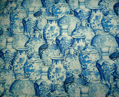 Oriental Fabric 7/8++ Yard Blue & White Ginger Jars Vases on White Asian Cotton