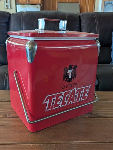 Vtg Tecate Beer Cooler Insulated Red Metal Exterior Removable Lid Metal Handle - Picture 6 of 16