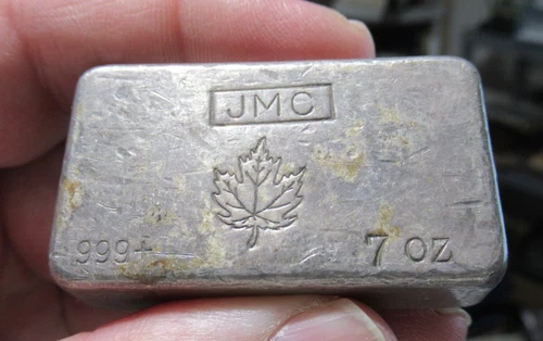 7 oz JMC Maple Leaf Johnson Matthey Canada Poured Vintage Silver Bar