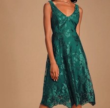 Lulus Belynn Embroidered Sleeveless Midi Dress Forest Green Women's Medium New