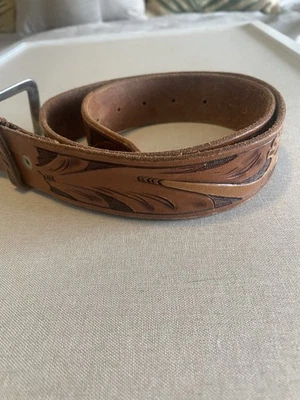 vintage TOOLED buckle belt WESTERN handcrafted 38” brown floral leather Wyoming - Image 1 of 4