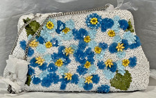 Viral Handcrafted India Beaded Floral Blue White Evening Bag Long Chain NWT