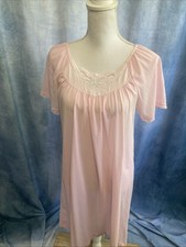Vtg 70s 80s Pink Nylon Tricot Nightgown Sheer Flutter Sleeve Embroidery Coquette