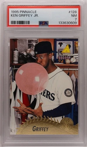 1995 Pinnacle Ken Griffey Jr. #128 PSA 7  – Iconic Bubble Gum Card!