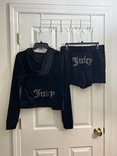 Juicy Couture Bling Tracksuits Velour Size S Black Liquorice Hoodie  SHORTS NEW