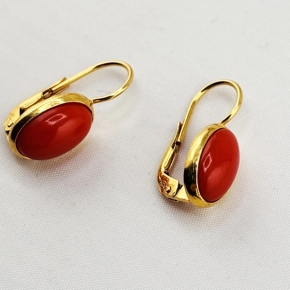 Orecchini pendenti argento 925 dorato cabochon corallo rosso naturale monachella - Immagine 4 di 4