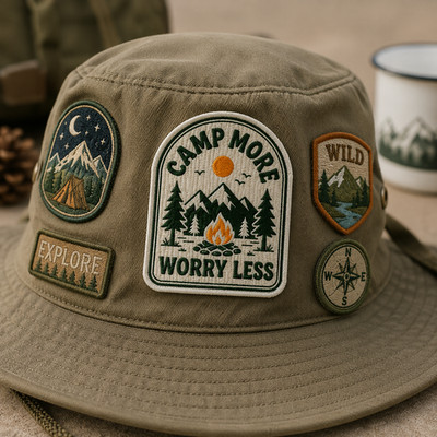 Camp More Worry Less Patch, Vintage Arch Embroidered Mountain Badge, Retro Camp