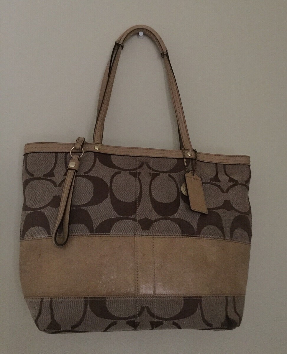 VIP【関税送料無料】希少 COACH BEIGE COTTON TOTES Coach Saffiano Leather Zip Top Tote Bag Purse in Camel