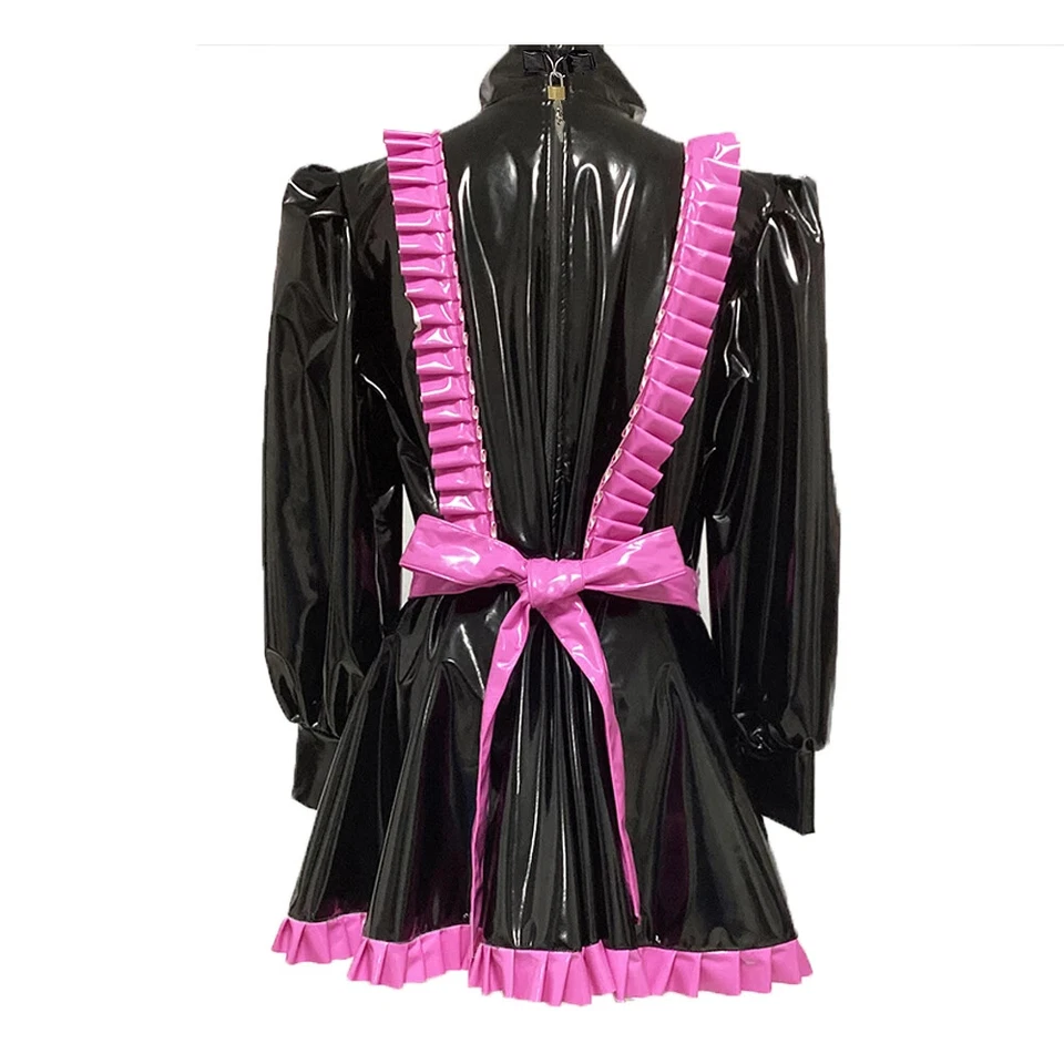 Lockable Sissy A-line Pleated Dress Ruffles Trims Apron Long Sleeve Maid Dress  - Image 2 of 4