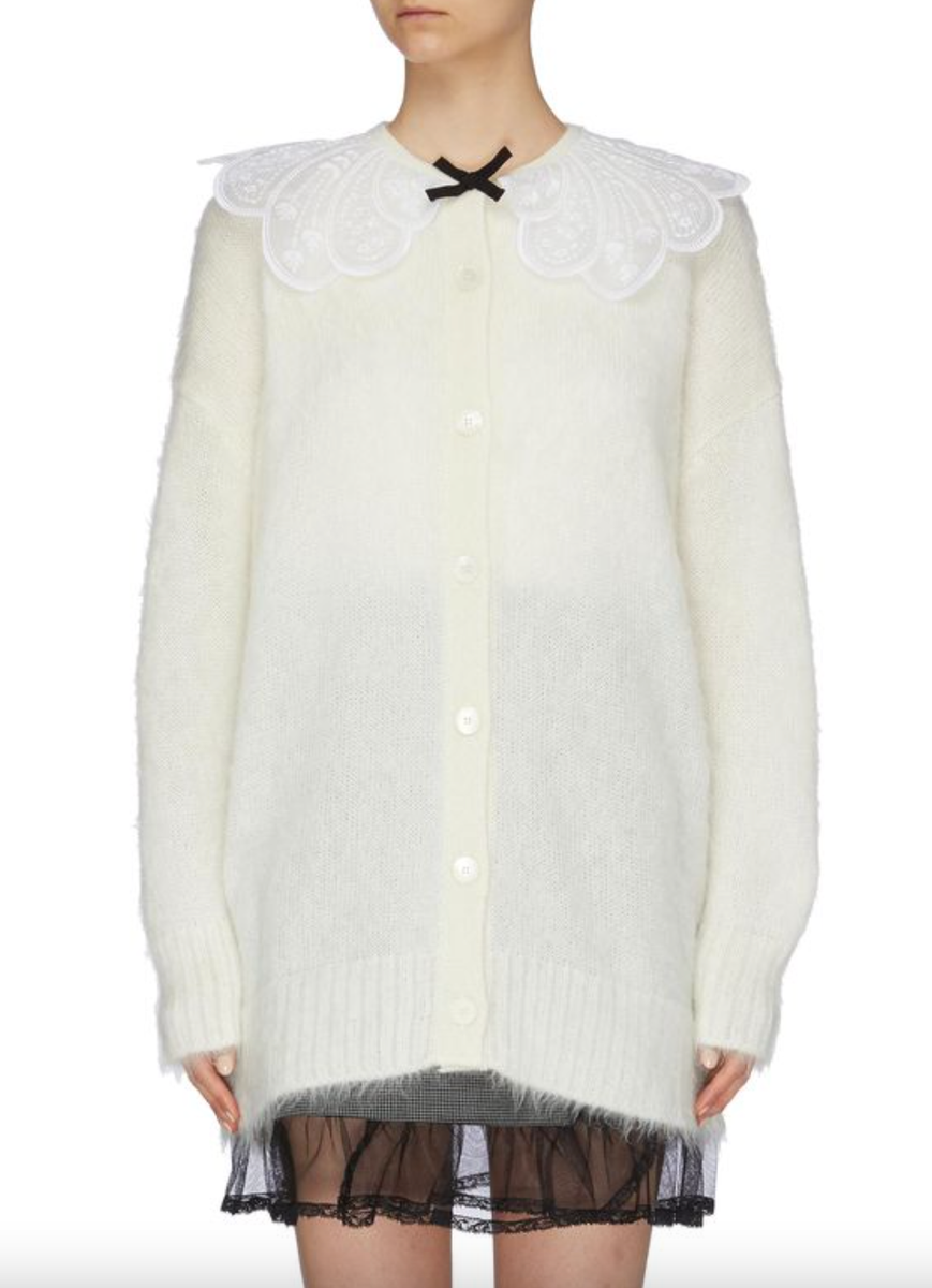 Miu Miu Ivory White Lace Collar Preppy Mohair Long Oversized Miu Miu Ivory White Lace Collar Preppy Mohair Long Oversized