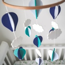 EcoCubs Handmade Felt Baby Mobile-Hot Air Balloons Clouds. Navy Blue/Turquoise