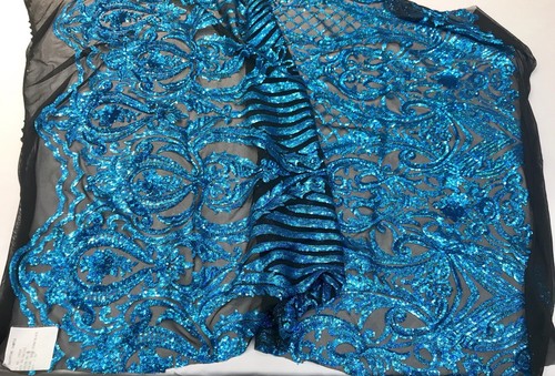 TURQUOISE IRIDESCENT DAMASK SEQUINS DESIGN ON A 4 WAY STRETCH BLACK MESH-BY YARD - Picture 7 of 8