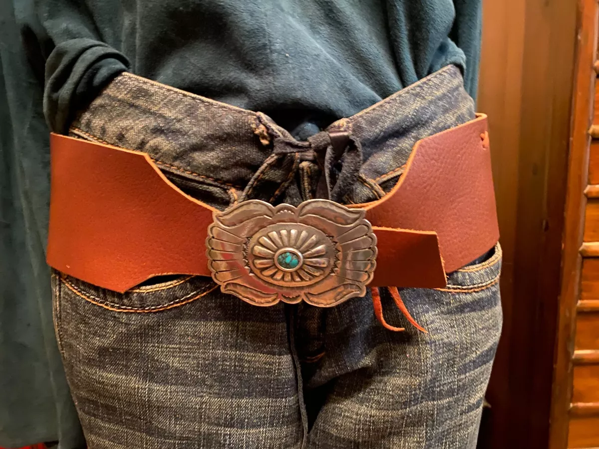 Taos Concho Belt Buckle on Wide Leather Natural Turquoise by
