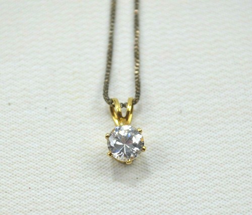 Vintage Gold Tone Necklace with Large Clear Rhinestone Pendant 17"