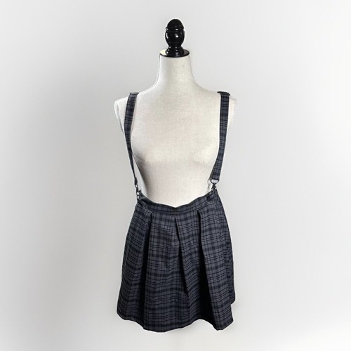 Hot Topic Pleated Skirt M Schoolgirl Black Gray Plaid Mini Suspenders Goth Punk