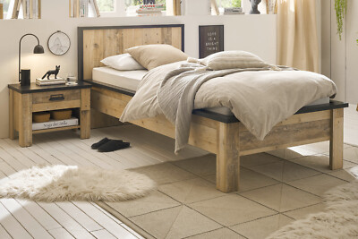 Schlafzimmer Set 2-teilig Used Wood hell und anthrazit mit Bett und Nako Stove