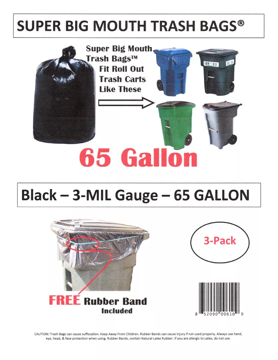 65 Gallon Rollout Trash Bags - Black, 50 Bags - 1.5 Mil