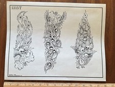 Vintage 1989 1315T Spaulding Rogers Tattoo Flash Sheet Peacock Skulls Flames