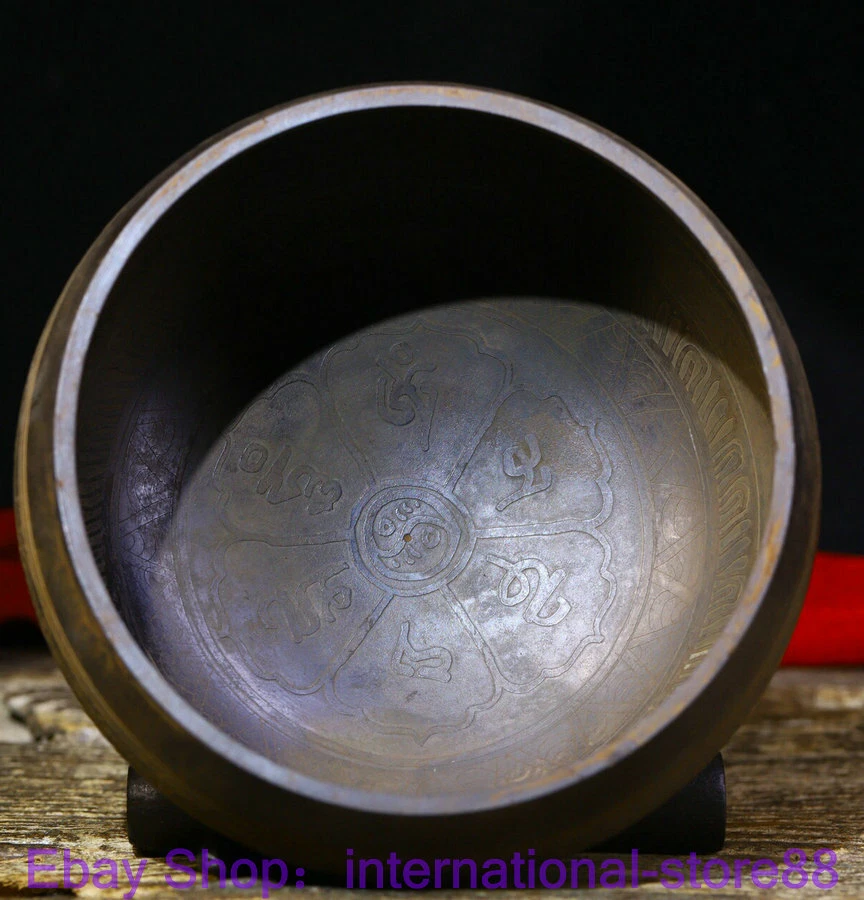 Tazón de tierra sánscrito de 6,4" raro antiguo tibetano cobre budismo escritura golpe Foto 4 de 4