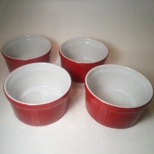 4 Emile Henry France Ribbed Ceramic Red 4" Ramekins Custard Cups 68-10