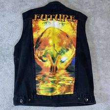 Hudson Men's Denim Vest 2X Black Cotton Sleeveless Jacket Future Embroidered